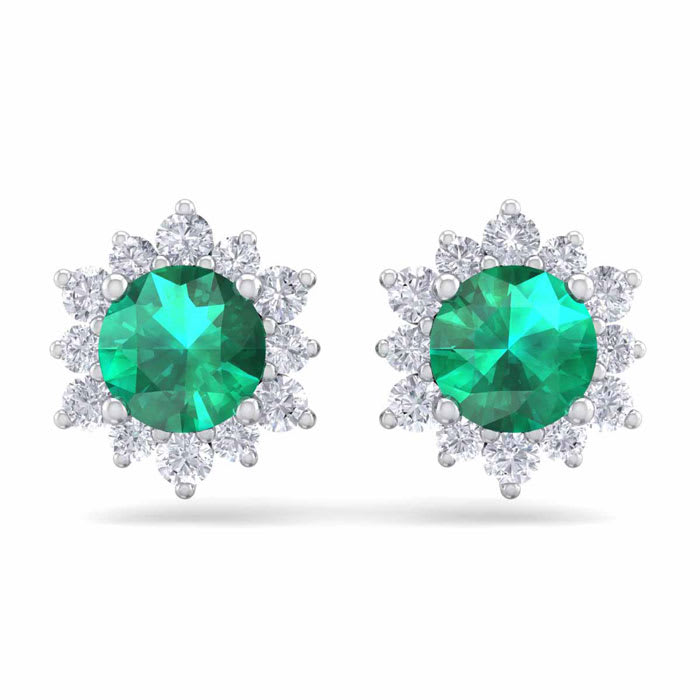 2 Carat Round Shape Flower Emerald and Diamond Halo Stud Earrings In 14 Karat White Gold