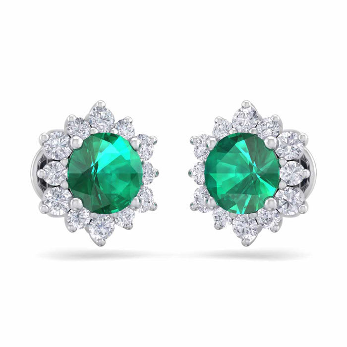 2 Carat Round Shape Flower Emerald and Diamond Halo Stud Earrings In 14 Karat White Gold