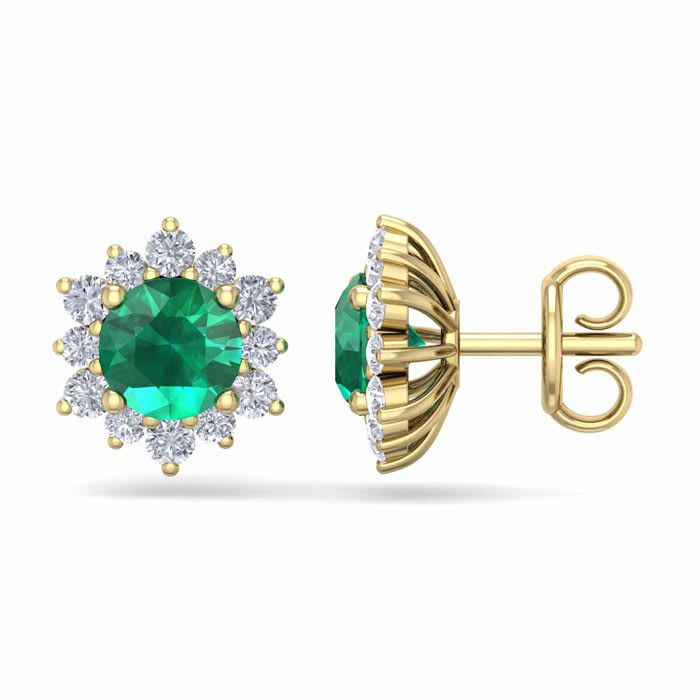 2 Carat Round Shape Flower Emerald and Diamond Halo Stud Earrings In 14 Karat Yellow Gold