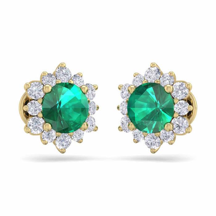 2 Carat Round Shape Flower Emerald and Diamond Halo Stud Earrings In 14 Karat Yellow Gold