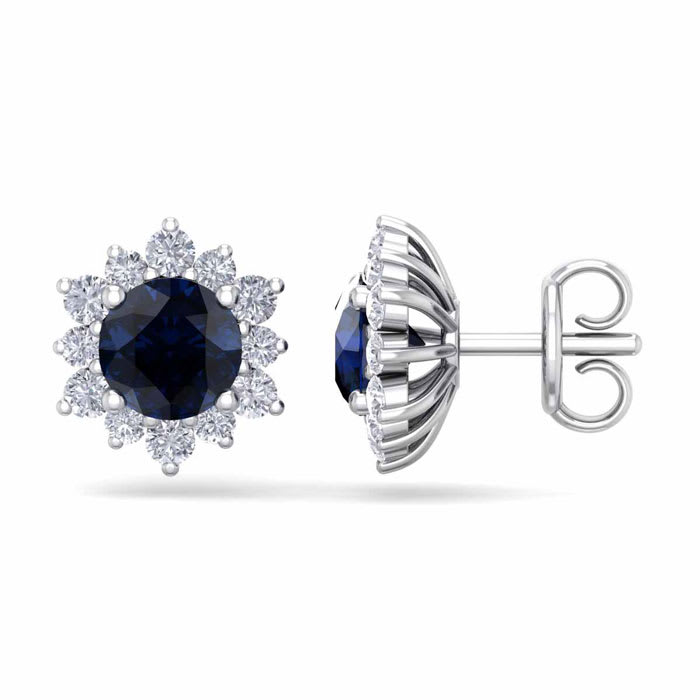 2 Carat Round Shape Flower Sapphire and Diamond Halo Stud Earrings In 14 Karat White Gold