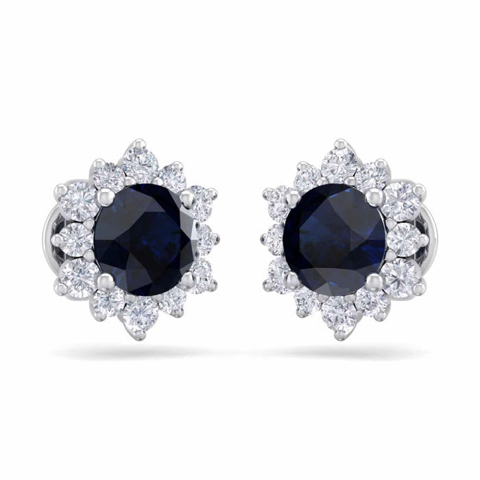 2 Carat Round Shape Flower Sapphire and Diamond Halo Stud Earrings In 14 Karat White Gold