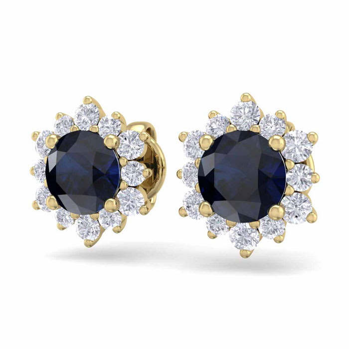 2 Carat Round Shape Flower Sapphire and Diamond Halo Stud Earrings In 14 Karat Yellow Gold