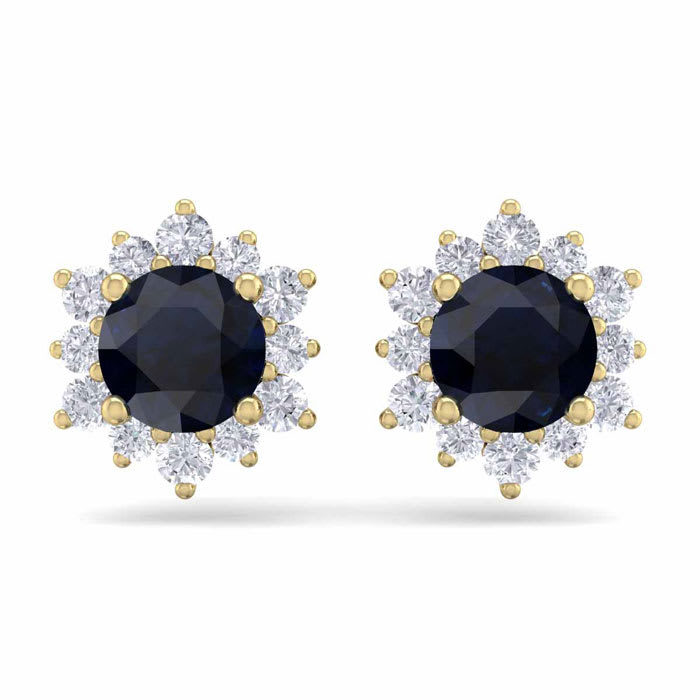 2 Carat Round Shape Flower Sapphire and Diamond Halo Stud Earrings In 14 Karat Yellow Gold