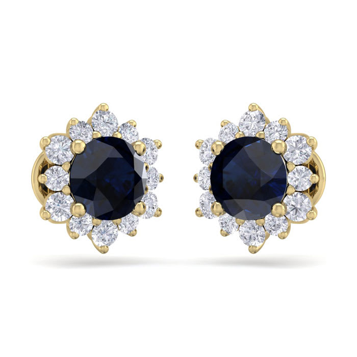 2 Carat Round Shape Flower Sapphire and Diamond Halo Stud Earrings In 14 Karat Yellow Gold