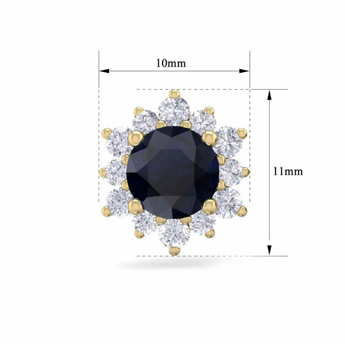 2 Carat Round Shape Flower Sapphire and Diamond Halo Stud Earrings In 14 Karat Yellow Gold