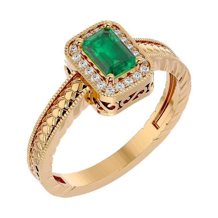 0.85 Carat Antique Style Emerald and Diamond Ring in 10 Karat Yellow Gold