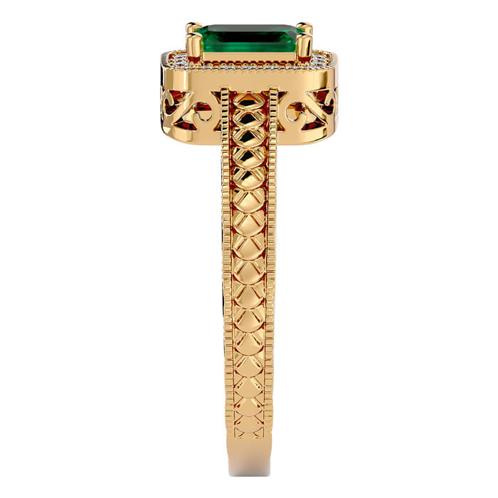 0.85 Carat Antique Style Emerald and Diamond Ring in 10 Karat Yellow Gold