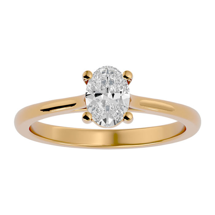 Moissanite Engagement Ring; 3/4 Carat Oval Shape Moissanite Solitaire Engagement Ring In 14 Karat Yellow Gold