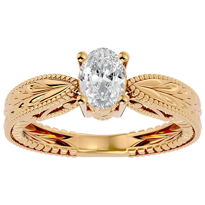 1 Carat Oval Diamond Solitaire Engagement Ring with Tapered Etched Band In 14 Karat Yellow Gold