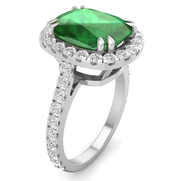 4 1/2 Carat Cushion Cut Zambian Emerald and Diamond Ring In 14 Karat White Gold