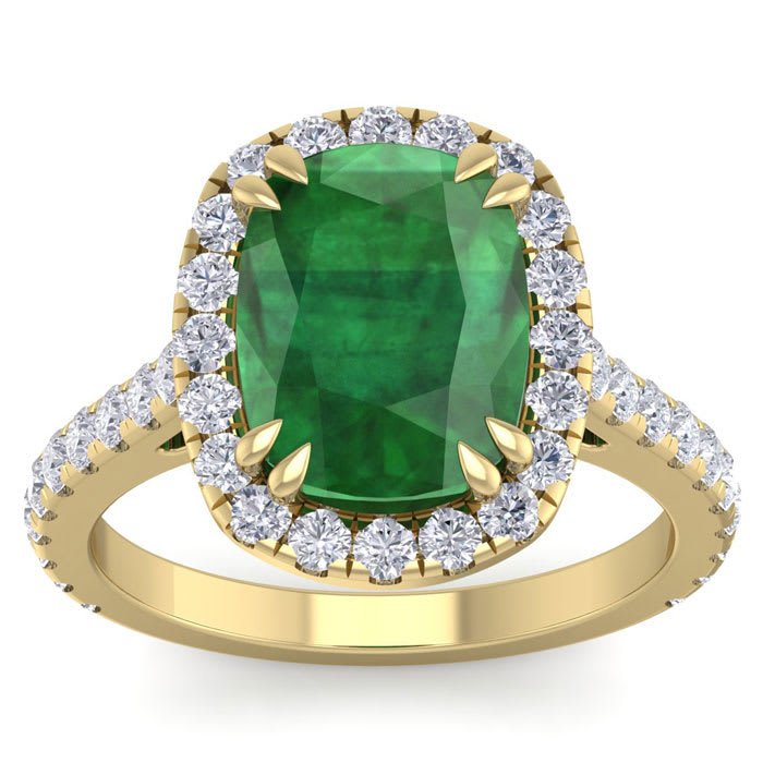 4 1/2 Carat Cushion Cut Zambian Emerald and Diamond Ring In 14 Karat Yellow Gold