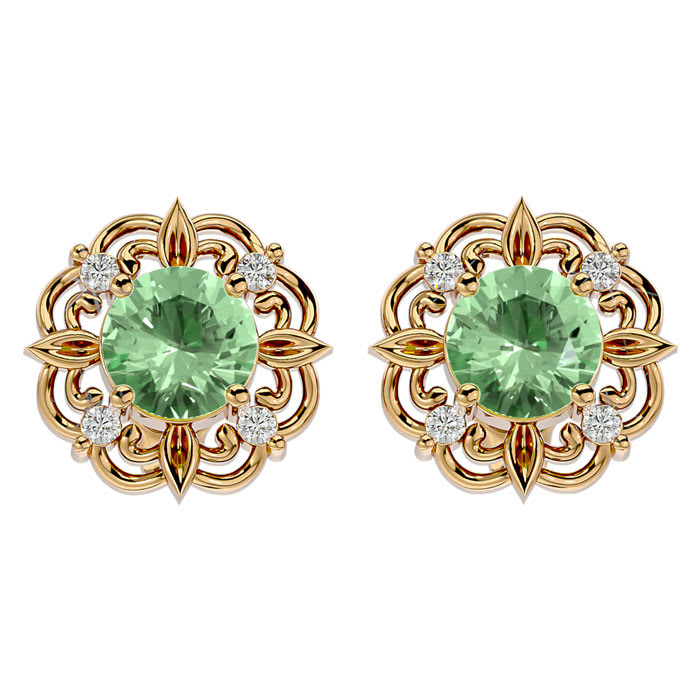 1 1/2 Carat Green Amethyst and Diamond Antique Stud Earrings In 14 Karat Yellow Gold