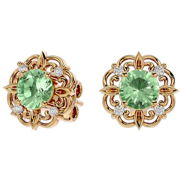 1 1/2 Carat Green Amethyst and Diamond Antique Stud Earrings In 14 Karat Yellow Gold