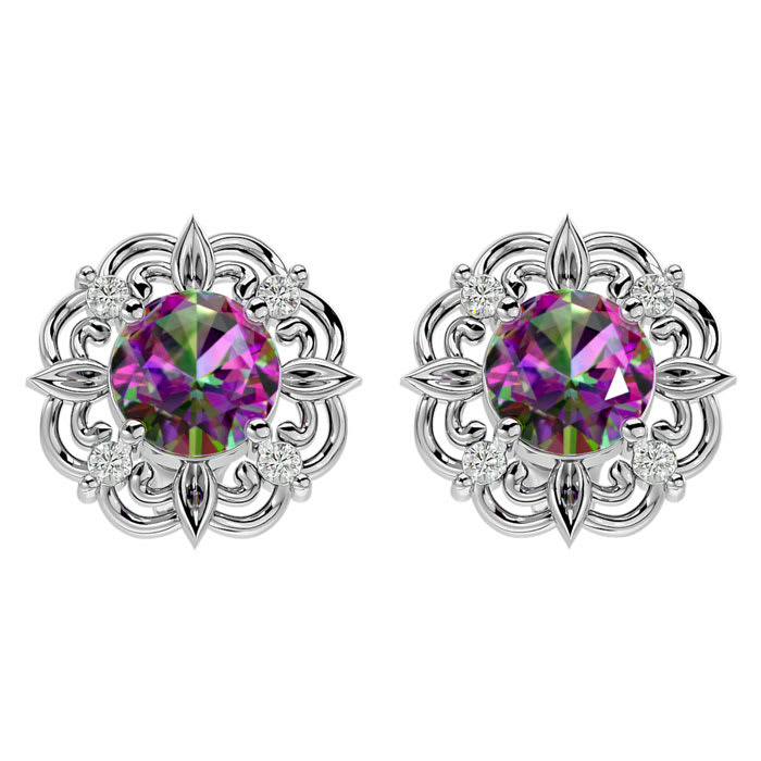 2 1/10 Carat Mystic Topaz and Diamond Antique Stud Earrings In 14 Karat White Gold