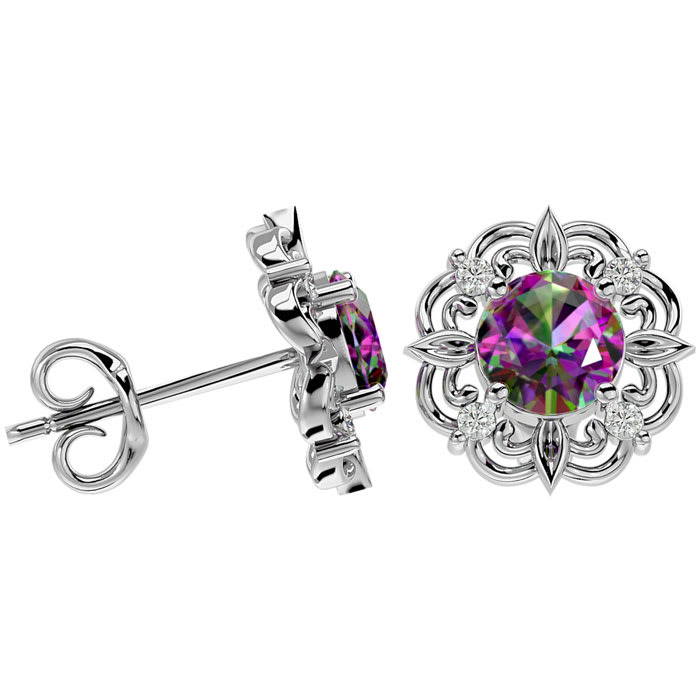 2 1/10 Carat Mystic Topaz and Diamond Antique Stud Earrings In 14 Karat White Gold
