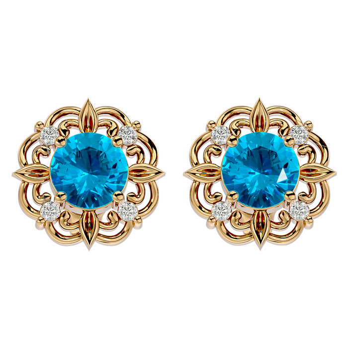2 1/10 Carat Blue Topaz and Diamond Antique Stud Earrings In 14 Karat Yellow Gold