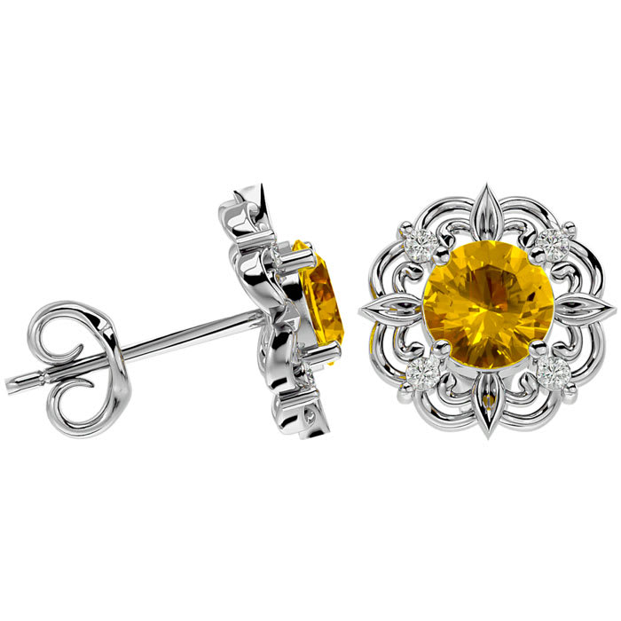 1 1/2 Carat Citrine and Diamond Antique Stud Earrings In 14 Karat White Gold