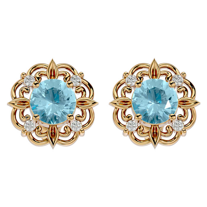 Aquamarine Earrings: Aquamarine Jewelry: 1 1/2 Carat Aquamarine and Diamond Antique Stud Earrings In 14 Karat Yellow Gold