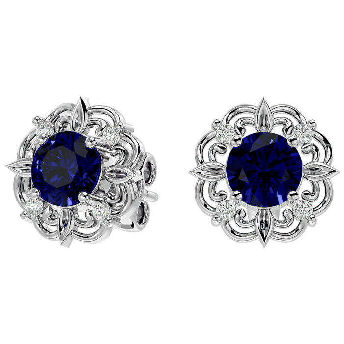 2 1/5 Carat Sapphire and Diamond Antique Stud Earrings In 14 Karat White Gold