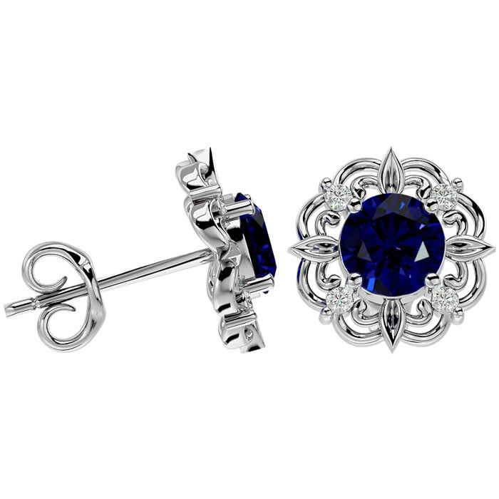 2 1/5 Carat Sapphire and Diamond Antique Stud Earrings In 14 Karat White Gold