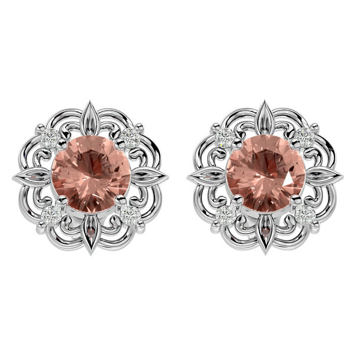 1-3/4 Carat Round Shape Morganite Earrings with Diamond Antique Design Studs In 14 Karat White Gold
