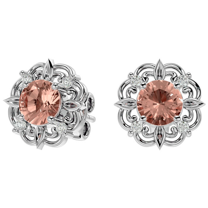 1-3/4 Carat Round Shape Morganite Earrings with Diamond Antique Design Studs In 14 Karat White Gold