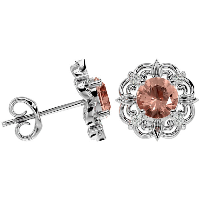 1-3/4 Carat Round Shape Morganite Earrings with Diamond Antique Design Studs In 14 Karat White Gold