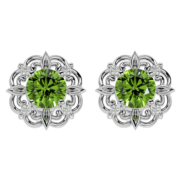 1 3/4 Carat Peridot and Diamond Antique Stud Earrings In 14 Karat White Gold