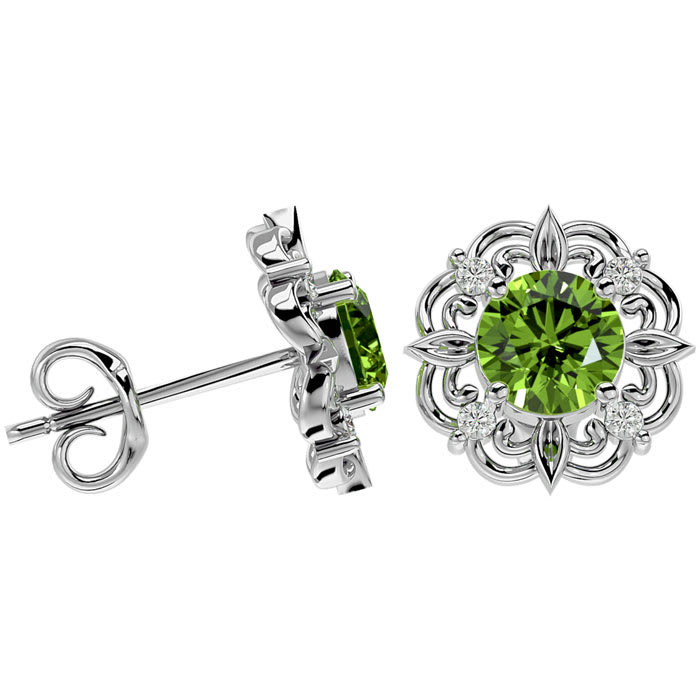 1 3/4 Carat Peridot and Diamond Antique Stud Earrings In 14 Karat White Gold