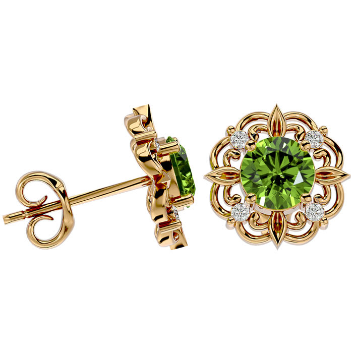 1 3/4 Carat Peridot and Diamond Antique Stud Earrings In 14 Karat Yellow Gold