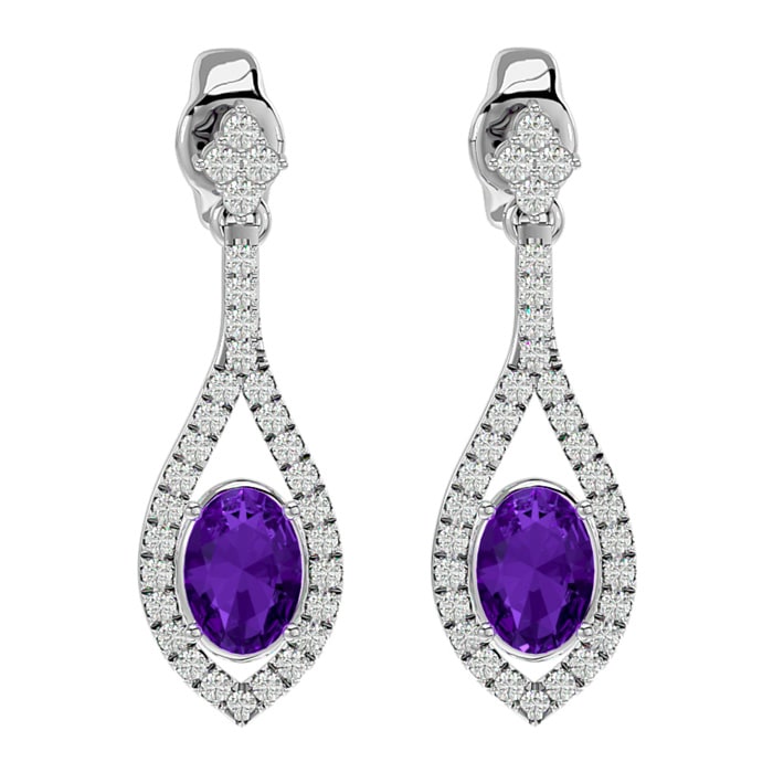 2 Carat Oval Shape Amethyst and Diamond Dangle Earrings In 14 Karat White Gold