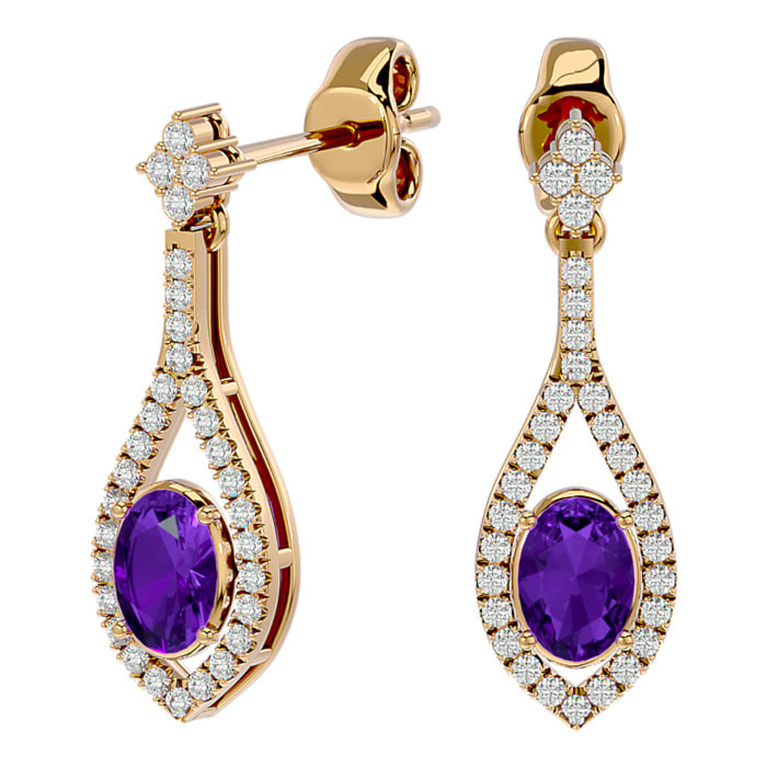 2 Carat Oval Shape Amethyst and Diamond Dangle Earrings In 14 Karat Yellow Gold