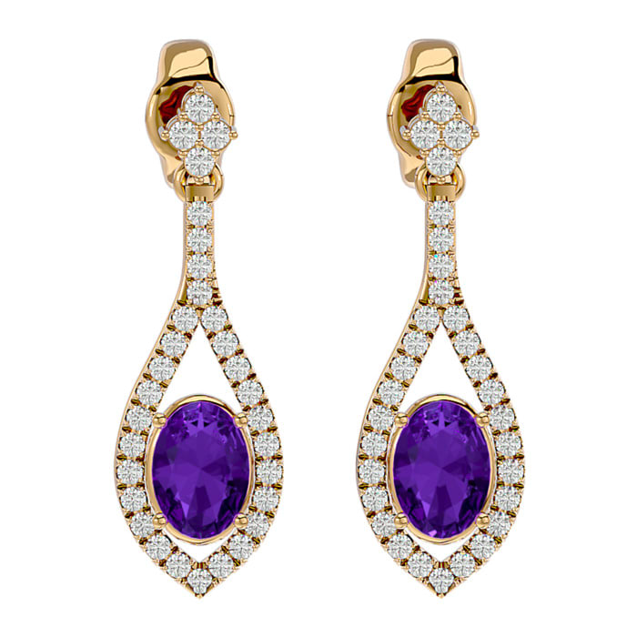 2 Carat Oval Shape Amethyst and Diamond Dangle Earrings In 14 Karat Yellow Gold