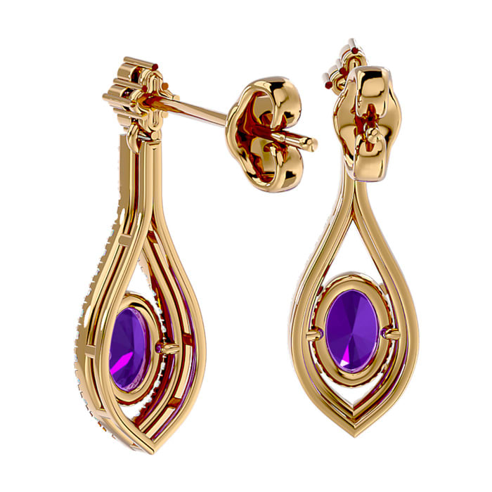 2 Carat Oval Shape Amethyst and Diamond Dangle Earrings In 14 Karat Yellow Gold