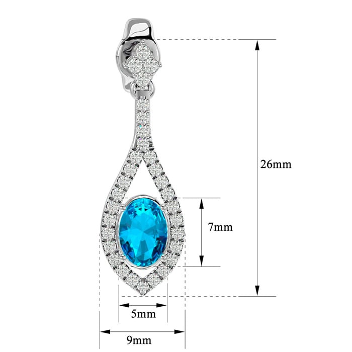2 1/2 Carat Oval Shape Blue Topaz and Diamond Dangle Earrings In 14 Karat White Gold