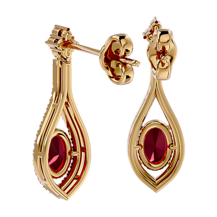 Garnet Earrings: Garnet Jewelry: 2 1/2 Carat Oval Shape Garnet and Diamond Dangle Earrings In 14 Karat Yellow Gold