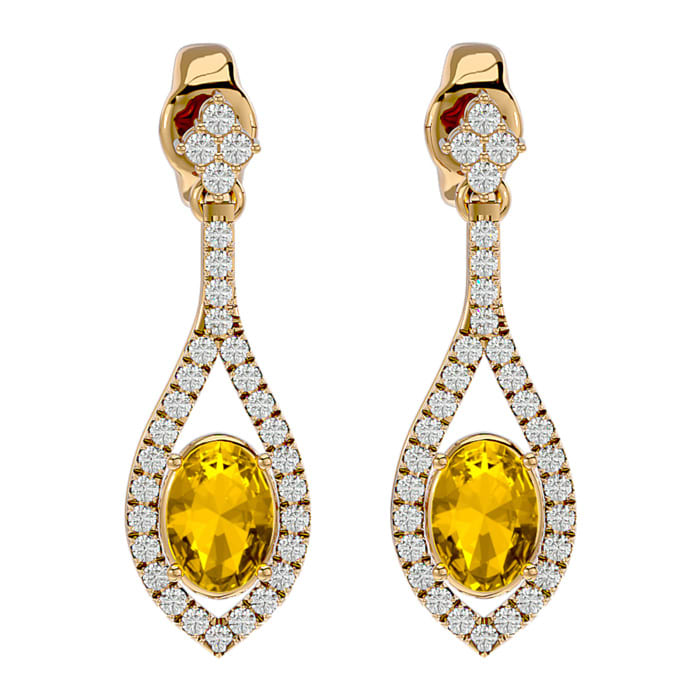2 Carat Oval Shape Citrine and Diamond Dangle Earrings In 14 Karat Yellow Gold