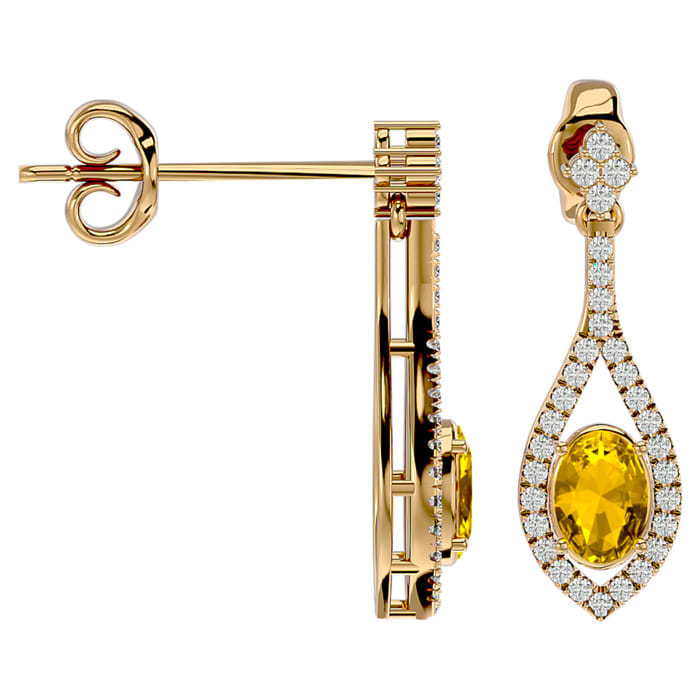 2 Carat Oval Shape Citrine and Diamond Dangle Earrings In 14 Karat Yellow Gold