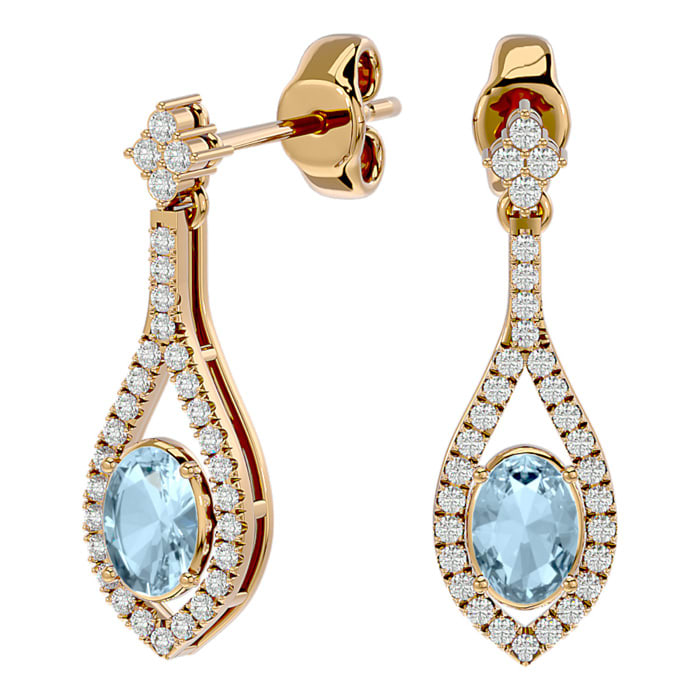 Aquamarine Earrings: Aquamarine Jewelry: 2 Carat Oval Shape Aquamarine and Diamond Dangle Earrings In 14 Karat Yellow Gold