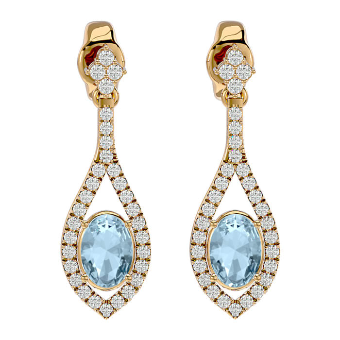 Aquamarine Earrings: Aquamarine Jewelry: 2 Carat Oval Shape Aquamarine and Diamond Dangle Earrings In 14 Karat Yellow Gold
