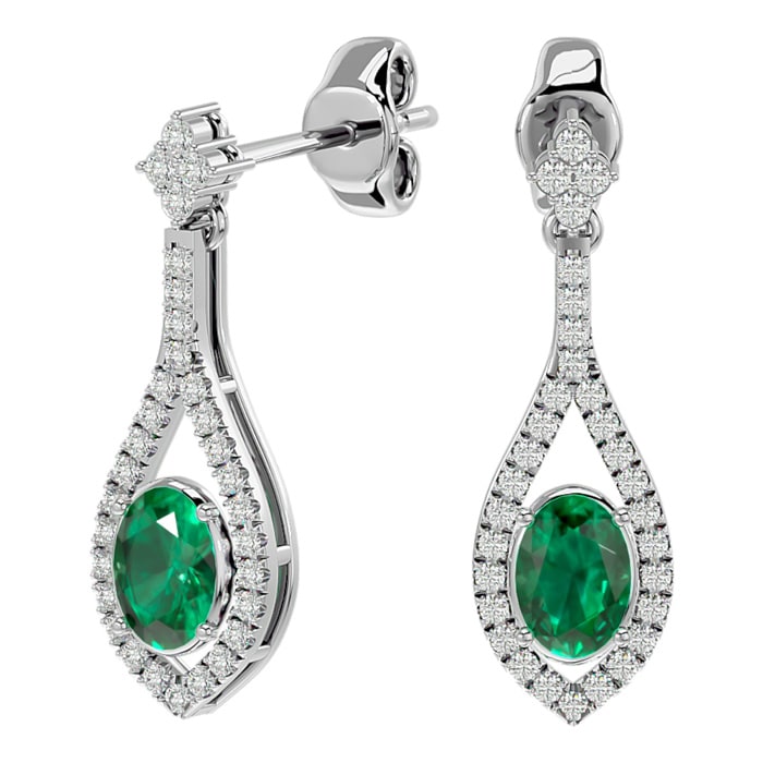 2 Carat Oval Shape Emerald and Diamond Dangle Earrings In 14 Karat White Gold