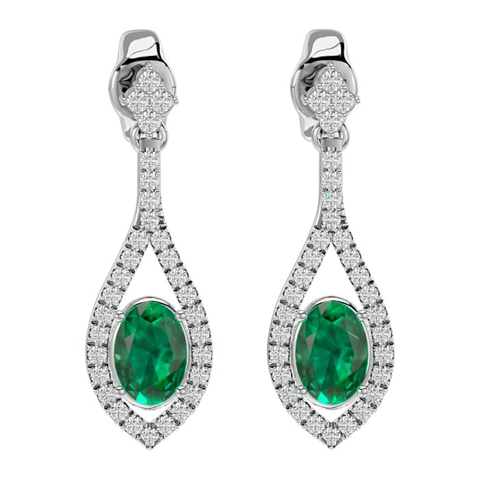 2 Carat Oval Shape Emerald and Diamond Dangle Earrings In 14 Karat White Gold