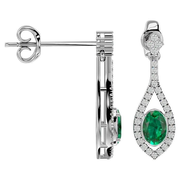 2 Carat Oval Shape Emerald and Diamond Dangle Earrings In 14 Karat White Gold