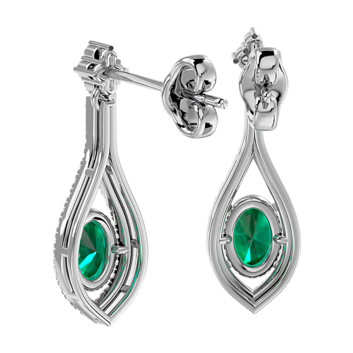 2 Carat Oval Shape Emerald and Diamond Dangle Earrings In 14 Karat White Gold