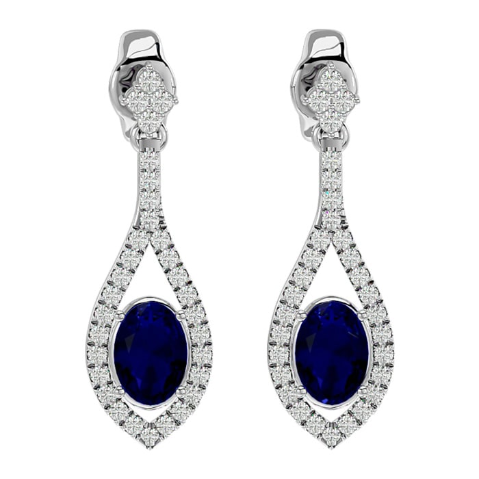 2 1/2 Carat Oval Shape Sapphire and Diamond Dangle Earrings In 14 Karat White Gold