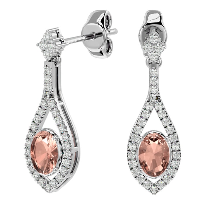 2 Carat Oval Shape Morganite Earrings and Diamond Dangles In 14 Karat White Gold