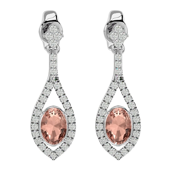 2 Carat Oval Shape Morganite Earrings and Diamond Dangles In 14 Karat White Gold
