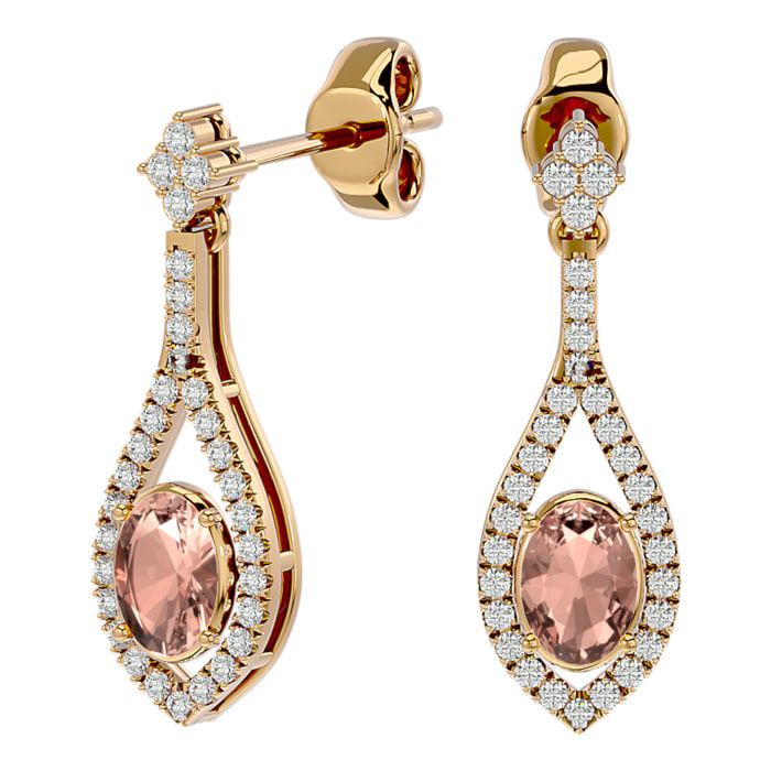 2 Carat Oval Shape Morganite Earrings and Diamond Dangles In 14 Karat Yellow Gold