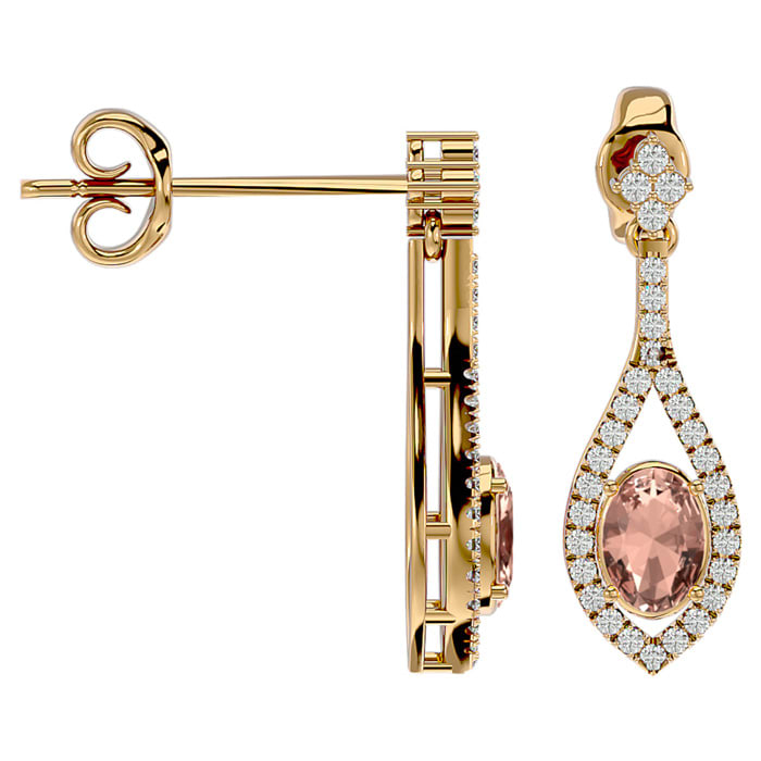 2 Carat Oval Shape Morganite Earrings and Diamond Dangles In 14 Karat Yellow Gold